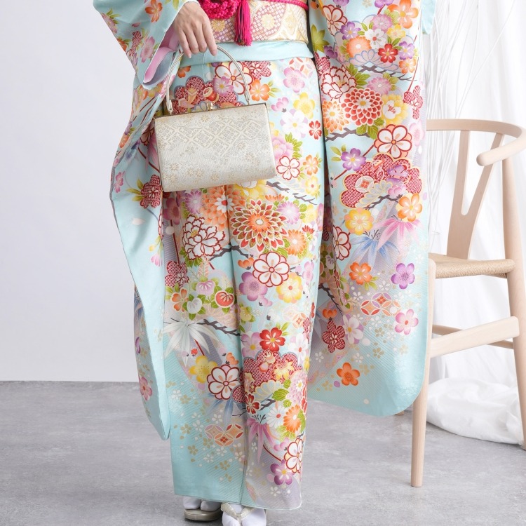 レンタル品】振袖 21点セット（正絹） 華やか 可愛い系 花 水色系 